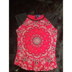 Derek Heart Bandana Paisley Top Womens Large Red Black Y2K Cap Sleeve Cotton